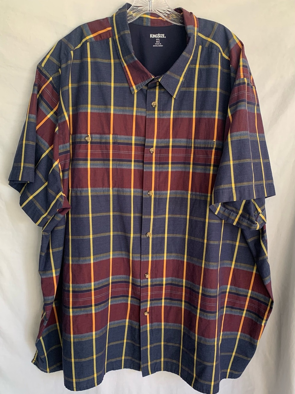Kingsize Navy & Burgundy Plaid Short-Sleeve Button-Down Shirt
